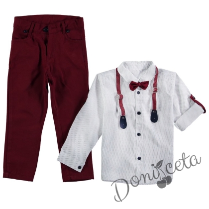  Комплект от детска риза с дълъг ръкав за момче в бяло и червено с панталон