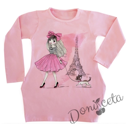 Детска туника/рокля с дълъг ръкав в розово с джобове и каринка на момиче