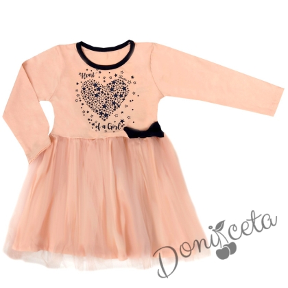 Детска рокля с дълъг ръкав в розово със сърце и тюл
