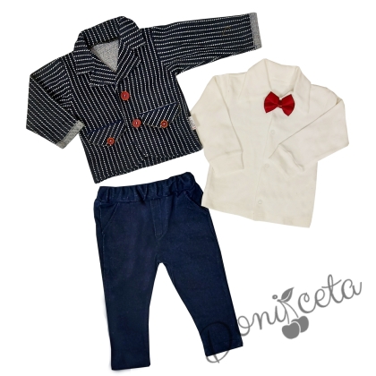 Елегантен бебешки комплект за момче от панталон в тъмносиньо, блуза с дълъг ръкав в бяло, сако и папийонка