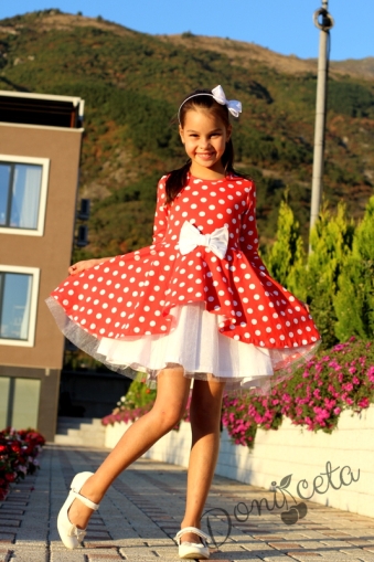 Детска рокля с дълъг ръкав Надежда в цвят корал на точки с бял тюл Люси