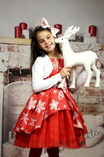 Детска коледна рокля в червено със снежинки с тюл в червено и болеро в бяло