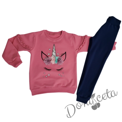 Детски комплект за момиче от блуза с дълъг ръкав с картинка на Пони/Еднорог и панталон в тъмносиньо