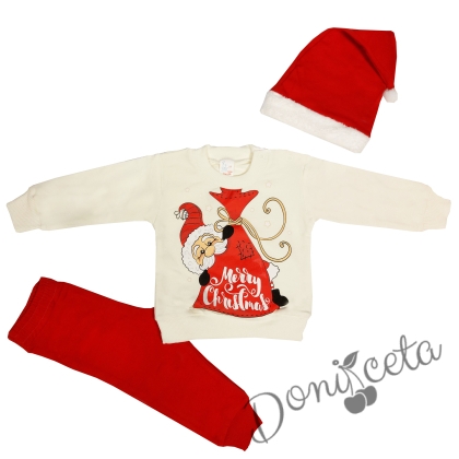 Бебешки коледен комплект от три части-блузка в бяло, панталонки и шапка с Дядо Коледа