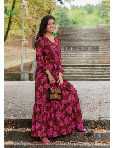 Дамска дълга рокля с дълъг ръкав на розови цветя от колекция "Майки и дъщери"