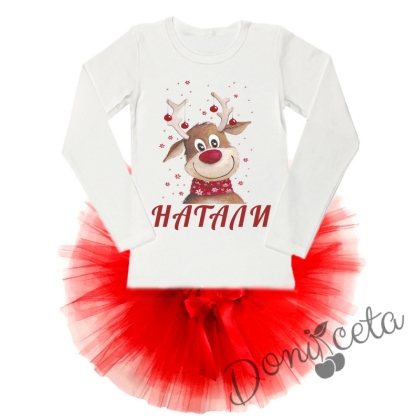 Детски персонализиран комплект за Коледа от туту пола в червено и блузка