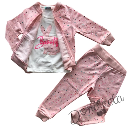 Комплект за момиче от блузка,горнище и панталон в розово със зайче
