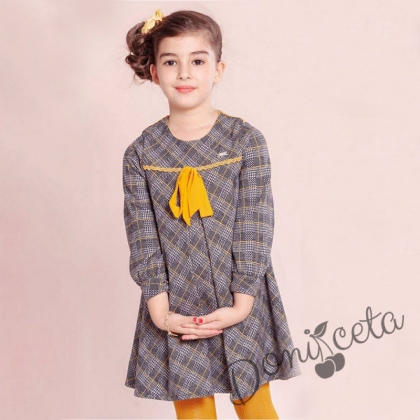 Детска туника/рокля с дълъг ръкав сиво с панделка в горчица