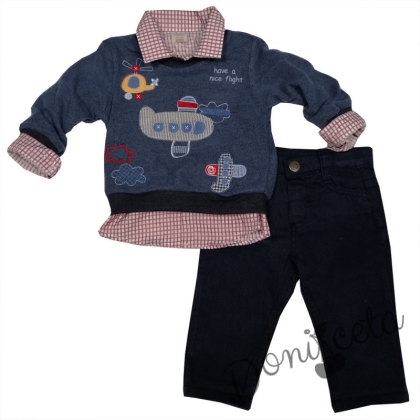 Комплект за момче от панталон, риза и пуловер с дълъг ръкав в тъмносиньо