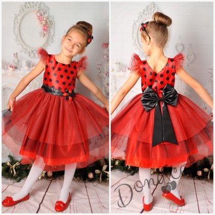 Официална детска рокля в червено и черно с тюл
