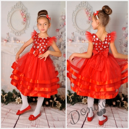 Официална детска рокля в червено с тюл и блясък