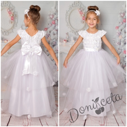 Официална дълга детска рокля в бяло с тюл и 3D цветя