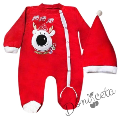 Коледен бебешки памучен гащеризон с шапка в червено