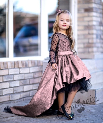 Официална дълга детска рокля в пепел от рози с блясък с шлейф с панделка 