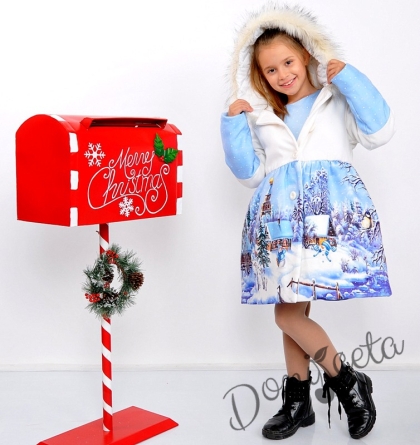 Зимно детско палто с качулка със снежна картинка за момиче