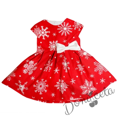 Бебешка коледна рокля в червено със снежинки в бяло