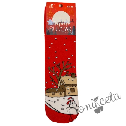 Коледни детски термо чорапи в червено с къщички
