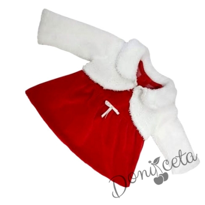 Коледна детска или бебешка плюшена рокля в червено  с пухкаво болеро в бяло