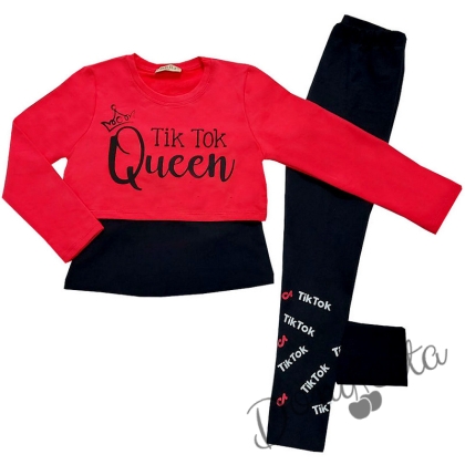 Детски комплект потник, блузка с дълъг ръкав в цвят диня и клин в черно 