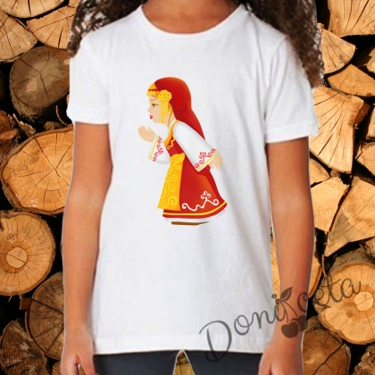 Детска тениска с къс ръкав в бяло за момиче с народни мотиви