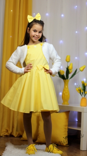 Детска рокля в жълто клош с бяло болеро 8