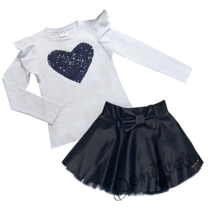 Детски комплект Contrast от кожена пола в тъмносиньо и блузка в бяло със сърце