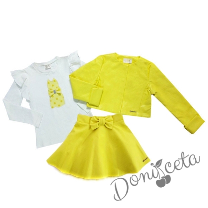 Комплект от 3 части-детска кожена пола  в жълто, блузка в екрю и кожено яке