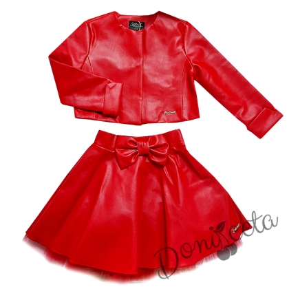 Комплект Contrast от кожена пола и късо кожено яке в червено за момиче