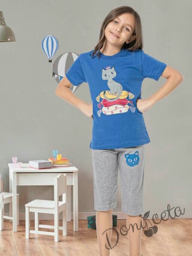 Детска пижама с къс ръкав с коте в синьо и сиво