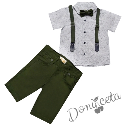 Комплект от риза с къс ръкав в бяло,къси панталонки в зелено и тиранти