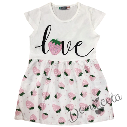 Детска  лятна рокля в бяло с ягодки в розово и надпис