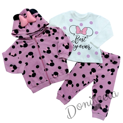 Бебешки комплект за момиче от 3 части-суитшърт, блузка и панталонки в лилаво