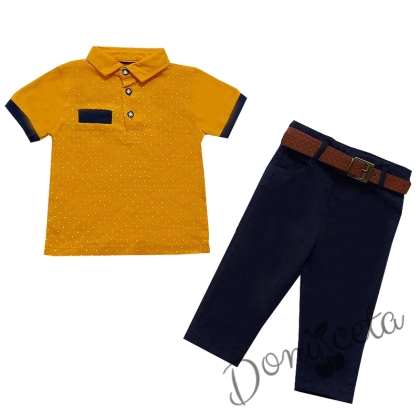 Комплект за момче от панталон и тениска в горчица на точки