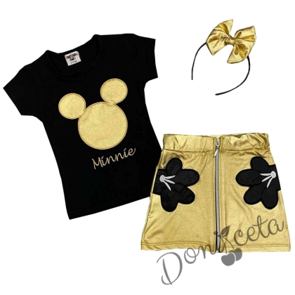 Комплект за момиче от 3 части с Мини Маус от пола в златисто и тениска в черно