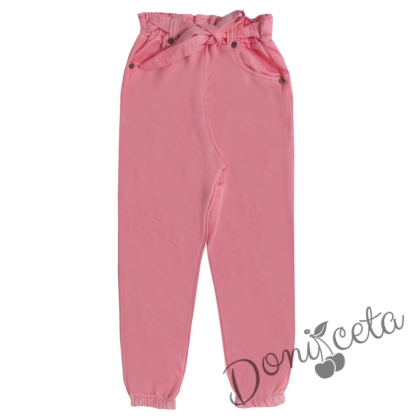 Детски свободен памучен панталон за момиче в розово с връзки