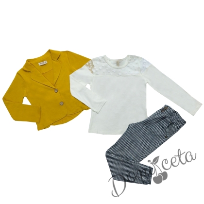 Детски комплект от блуза в екрю,сако в горчица и панталон в черно и бяло каре