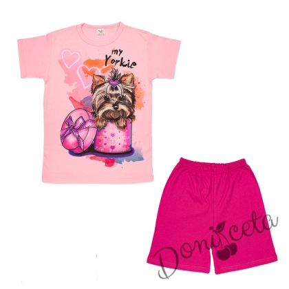 Детска пижама къс ръкав с картинка на Йорки в розово и циклама