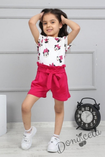 Детски комплект с къс ръкав с Мини Маус,къси панталонки в циклама и лента за коса