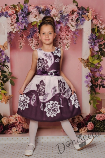 Официална детска рокля с къс ръкав на цветя в лилаво 242ЛЦ