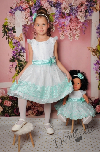 Официална детска/бебешка рокля с къс ръкав в бяло и синьо 119РЦБ