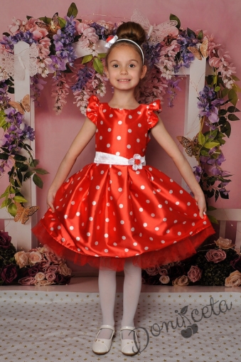 Официална детска рокля Мел с къс ръкав в червено на бели точки 297ЧБТ