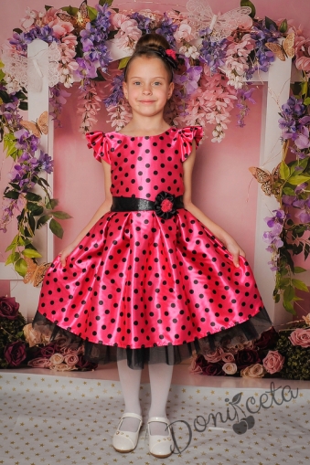 Официална детска рокля Мел с къс ръкав в циклама на черни точки 297ЦЧТ