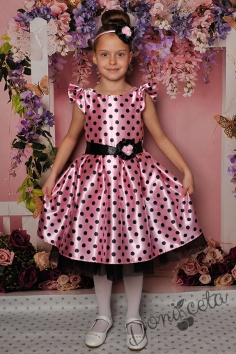 Официална детска рокля Мел с къс ръкав в розово на черни точки 297РЧТ
