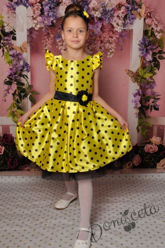 Официална детска рокля Мел с къс ръкав в жълто на черни точки 297ЖЧТ