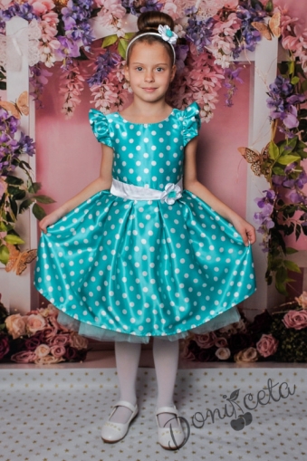 Официална детска рокля Мел  с къс ръкав в тюркоаз/мента на точки 297МБТ