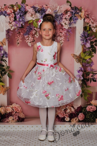 Официална детска рокля без ръкав в бяло на цветя в розово 177ЦР
