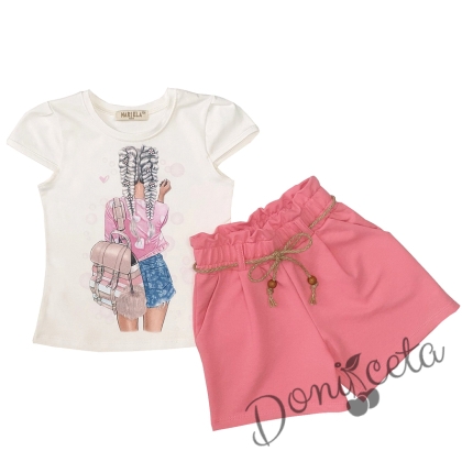 Детски комплект от тениска в бяло и къси панталоки в розово