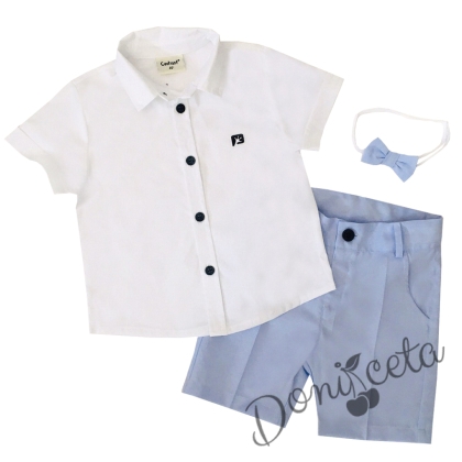 Детски комплект Contrast от риза в бяло, къси панталонки и папийонка