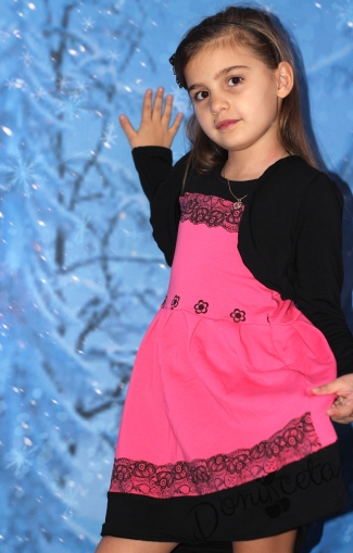 Ватирана ежедневна детска рокля в прасковено с болеро в черно за есен-зима