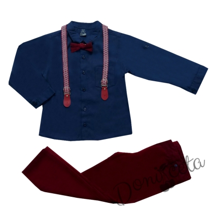 Комплект от панталон в червено, риза в тъмносиньо, папийонка и тиранти